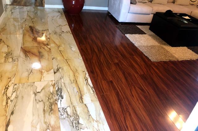 Marble-look tile and wood-look floors