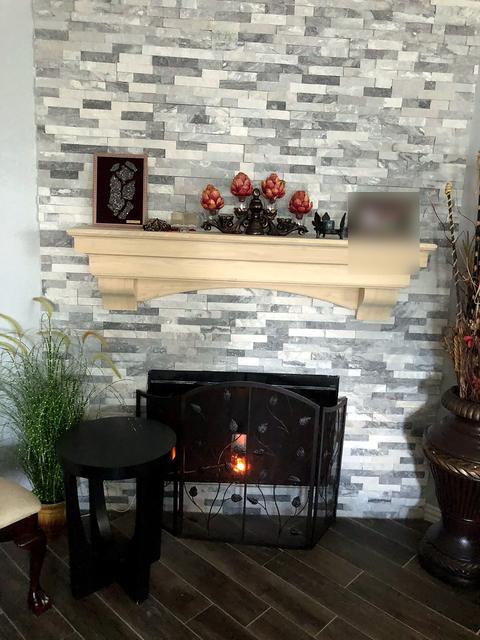 Stacked stone fireplace